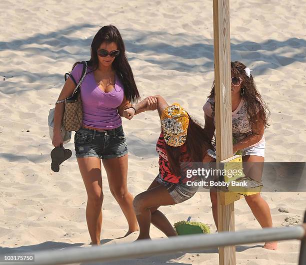 Denise Nicole Cortese, Nicole "Snooki" Polizzi; and Jenni "JWoww" Farley filming on location for "Jersey Shore" on July 30, 2010 in Seaside Heights,...