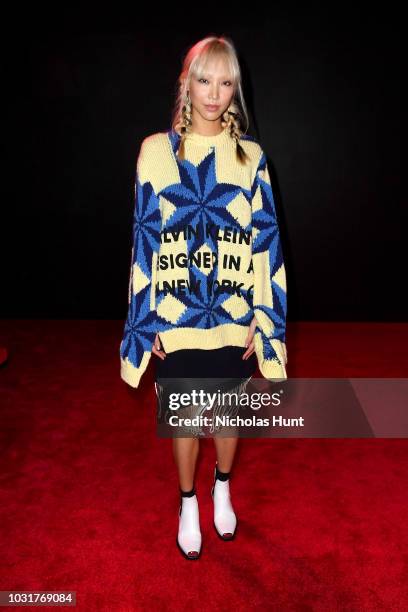 SooJoo Park attends the Calvin Klein Collection front Row during New York Fashion Week at New York Stock Exchange on September 11, 2018 in New York...