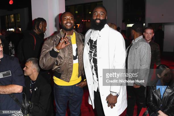 Meek Mill and James Harden attend the Calvin Klein Collection front Row during New York Fashion Week at New York Stock Exchange on September 11, 2018...