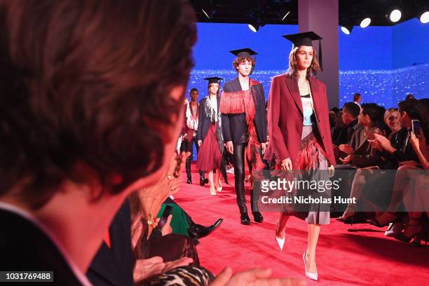 Models walk the runway for the Calvin Klein Collection front Row during New York Fashion Week at New York Stock Exchange on September 11, 2018 in New...