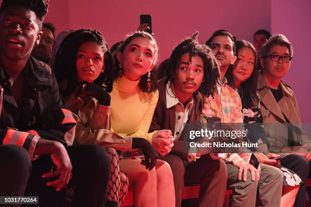 Selah Marley, Rowan Blanchard and Luka Sabbat attend the Calvin Klein Collection front Row during New York Fashion Week at New York Stock Exchange on...