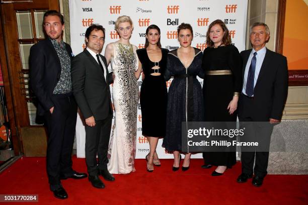 Rory Fleck Byrne, Evangelo Kioussis, Elizabeth Debicki, Gemma Arterton, Chanya Button, Katie Holly, and guest attend the "Vita & Virginia" premiere...