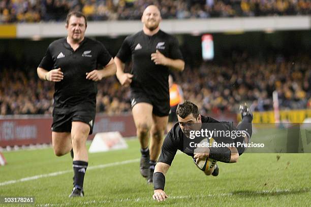 Corey Flynn of the All Blacks scores a try during the 2010 Tri-Nations Bledisloe Cup match between the Australian Wallabies and the New Zealand All...