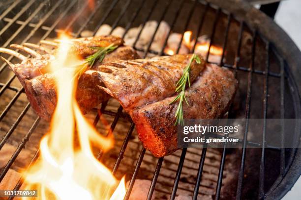 köstliche frenched gourmet new zealand rack mit lamm auf einem brennenden grill - lammbraten stock-fotos und bilder