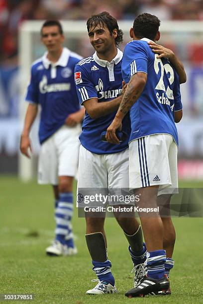 Raul Gonzalez of Schalke celebrates the 2-1 victory with Jermaine Jones of Schalke after the LIGA total! Cup 2010 match between FC Schalke 04 and...