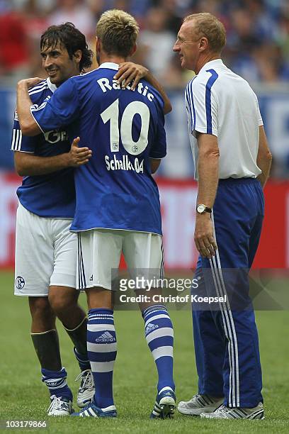 Raul Gonzalez of Schalke celebrates the 2-1 victory with Ivan Rakitic of Schalke after the LIGA total! Cup 2010 match between FC Schalke 04 and...