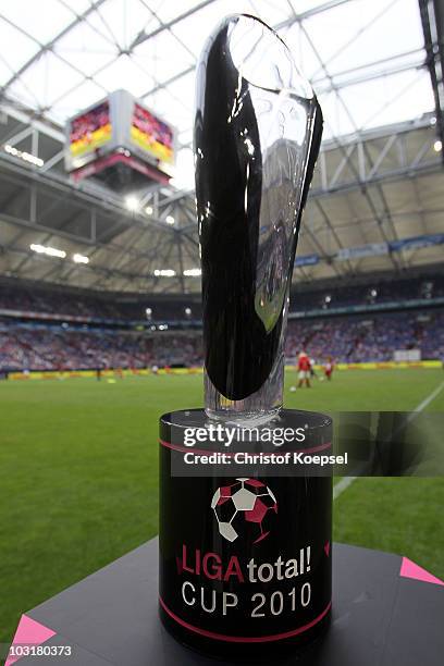 The LIGA total trophy is seen before the LIGA total! Cup 2010 match between FC Schalke 04 and Hamburger SV at the Veltins Arena on July 31, 2010 in...