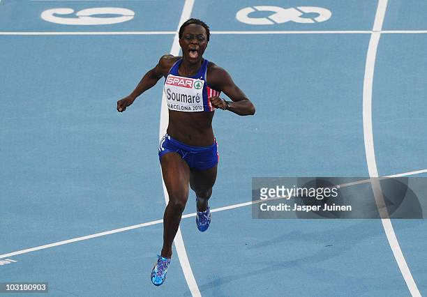 Myriam Soumare of France wins gold in the Womens 200m Final during day five of the 20th European Athletics Championships at the Olympic Stadium on...