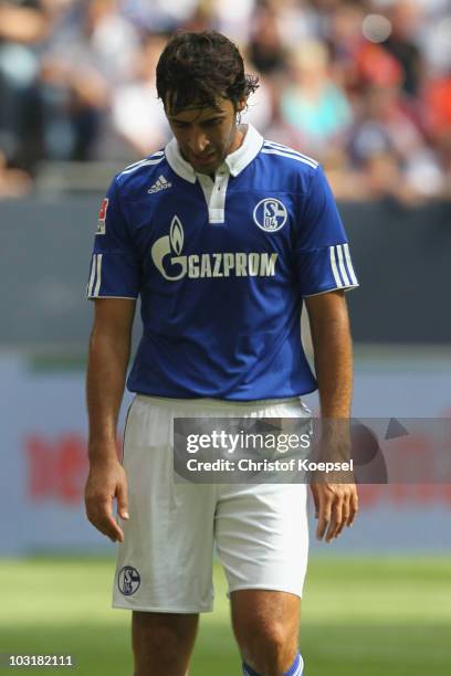 Raul Gonzalez of Schalke looks thoughtful during the LIGA total! Cup 2010 match between FC Schalke 04 and Hamburger SV at the Veltins Arena on July...