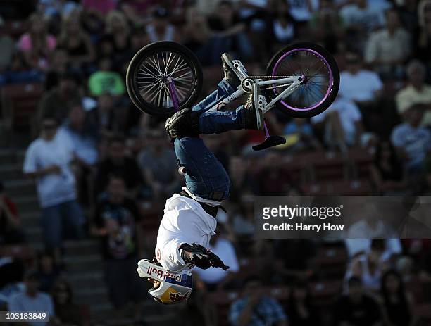 Anthony Napolitan competes in the BMX Freestyle Big Air Final during X Games 16 at the Los Angeles Coliseum on July 31, 2010 in Los Angeles,...