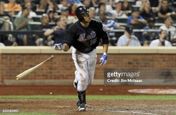 Carlos Beltran of the New York Mets hits a game winning walk off sacrifice fly against the Arizona Diamondbacks on July 31, 2010 at Citi Field in the...