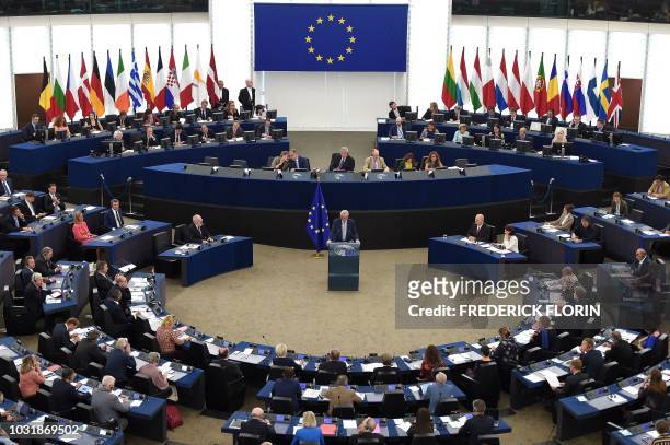 European Commission President Jean-Claude Juncker delivers his State of the Union speech at the European Parliament on September 12, 2018 in...