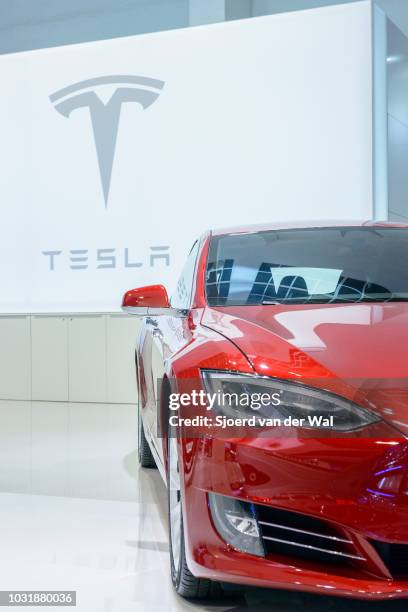 Tesla Model S 75D all-electric, luxury, saloon car during the 2017 European Motor Show Brussels.The Model S is one of the world's top selling plug-in...