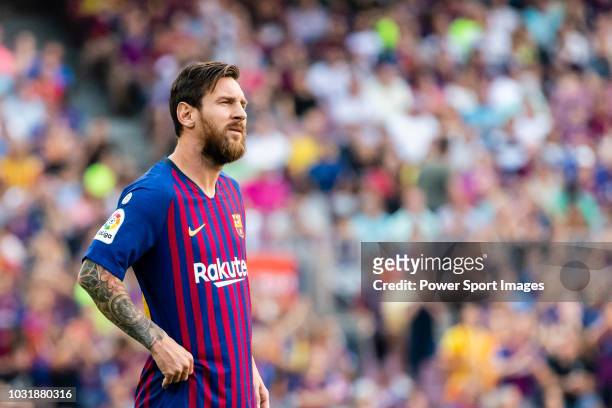 Lionel Andres Messi of FC Barcelona reacts during the La Liga 2018-19 match between FC Barcelona and SD Huesca at Camp Nou on 02 September 2018 in...