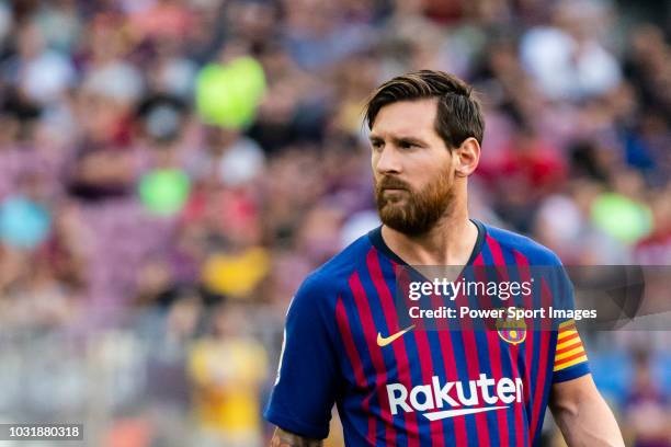 Lionel Andres Messi of FC Barcelona reacts during the La Liga 2018-19 match between FC Barcelona and SD Huesca at Camp Nou on 02 September 2018 in...