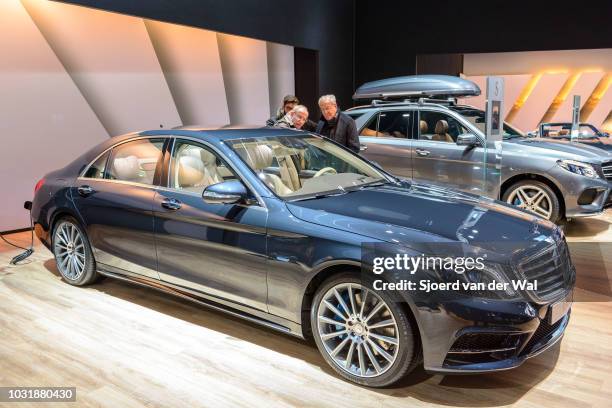 Mercedes-Benz S500e Plug-in Hybrid luxury limousine sedan. The car is on display at Brussels Expo on January 9, 2017 in Brussels, Belgium.