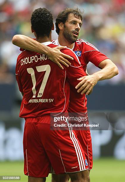 Ruud van Nistelrooy of Hamburg celebrates the first goal with Eric-Maxim Choupo-Moting during the LIGA total! Cup 2010 third place play-off match...