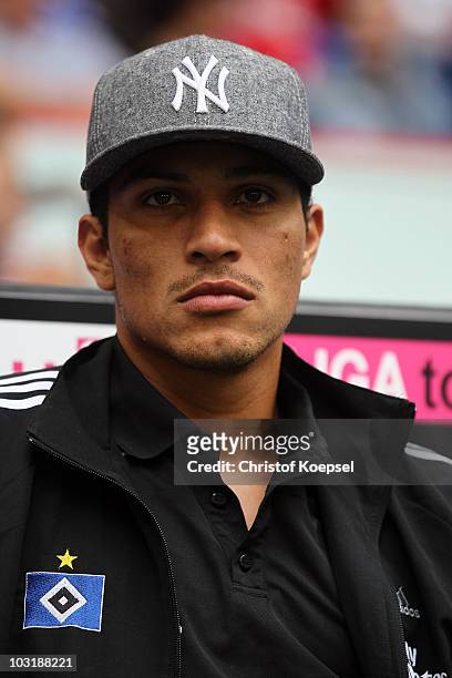 Paolo Guerrero of Hamburg sits on the bench during the LIGA total! Cup 2010 third place play-off match between Hamburger SV and 1. FC Koeln at the...