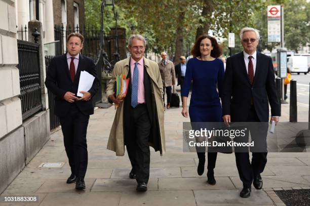 Marcus Fysh, Owen Paterson, Theresa Villiers and David Davis arrives to Royal United Services Institute on September 12, 2018 in London, England....