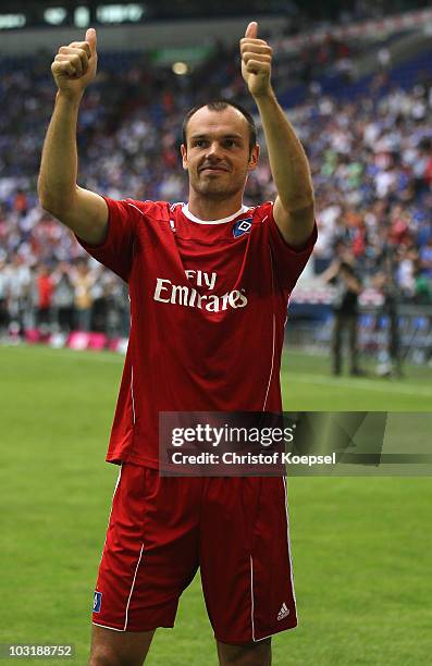 Heiko Westermann of Hamburg says farewell to the fans of Schalke after the LIGA total! Cup 2010 third place play-off match between Hamburger SV and...