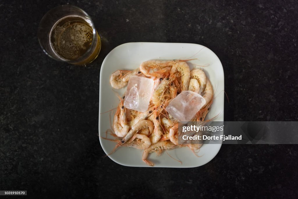 Freshly boiled shrimps with a few ice cubes to cool them down and a glass of beer