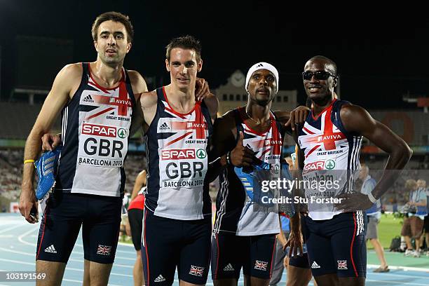 Martyn Rooney, Robert Tobin, Conrad Williams and Michael Bingham of Great Britain celebrate winning silver in the Mens 4x400m Final during day six of...