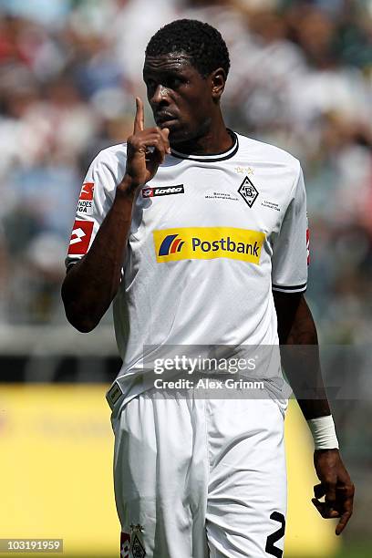 Mohamadou Idrissou of M'Gladbach gestures during the pre-season friendly match between Borussia M'Gladbach and Liverpool at the Borussia Park Stadium...