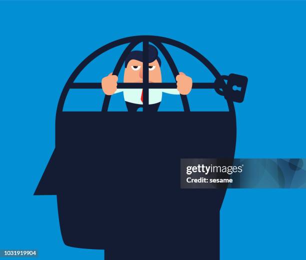 businessman is locked inside the brain - school rules stock illustrations