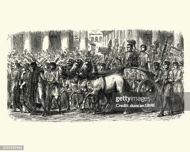 ancient roman triumph, prisoners of war before chariot and general - military parade stock illustrations