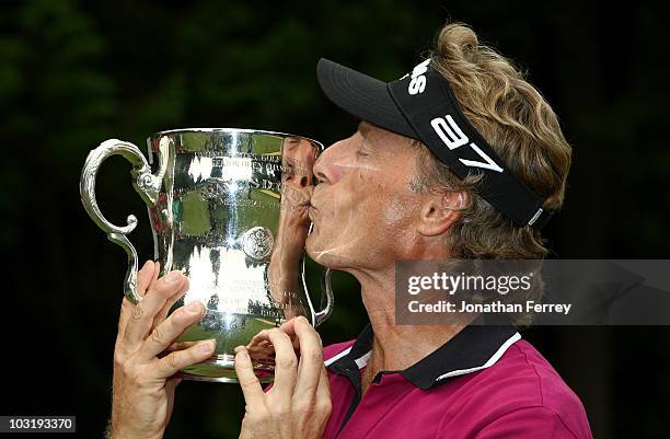 Bernhard Langer poses with the trophy after winning the U.S. Senior Open Championship on August 1, 2010 at Sahalee Country Club in Sammamish,...