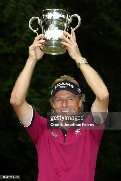 Bernhard Langer poses with the trophy after winning the U.S. Senior Open Championship on August 1, 2010 at Sahalee Country Club in Sammamish,...