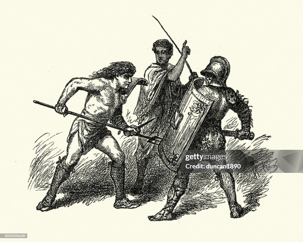 Ancient Roman Gladiators Fighting, retiarius vs. secutor