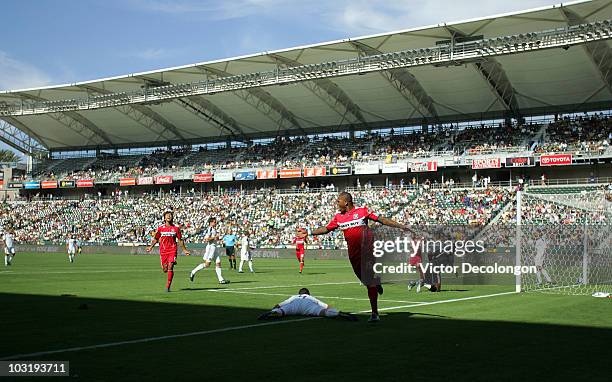 Collins John of the Chicago Fire celebrates after scoring in the first half during their MLS match against the Los Angeles Galaxy at The Home Depot...