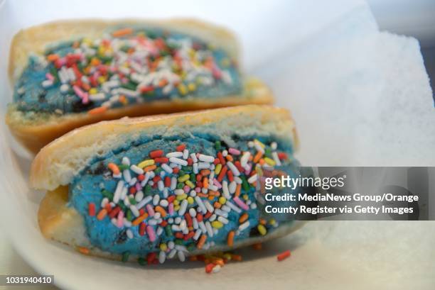 Ice cream on a milky bun at Afters Handcrafted Ice Cream Fountain Valley on Wednesday. The store features ice cream with flavors like Cookie Monster...