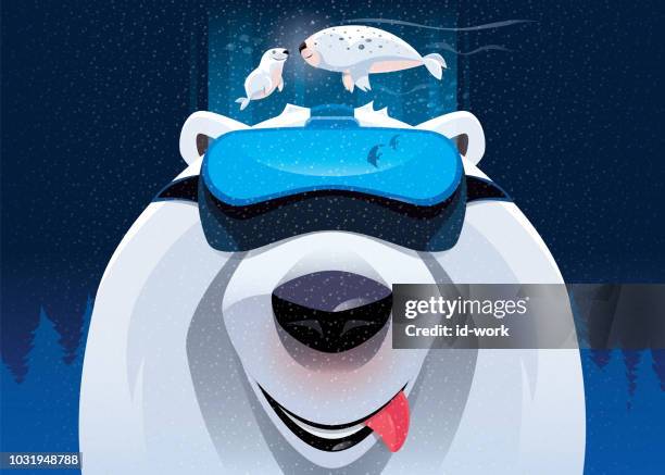 polar bear watching seals with vr goggles - computer game character stock illustrations