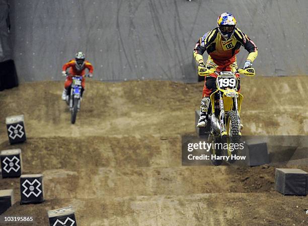 Travis Pastrana competes to a gold medal in the Moto X Speed & Style Final during X Games 16 at Staples Center on August 1, 2010 in Los Angeles,...