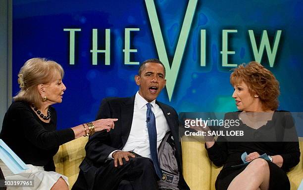 President Barack Obama speaks during an appearance on the ABC daytime television talk show, "The View" in New York, July 28 alongside hosts Barbara...