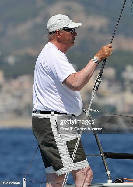 King Harald of Norway is seen on board of the "Fram" during the 29th Copa del Rey Mapfre Audi Sailing Cup on August 2, 2010 in Palma de Mallorca,...