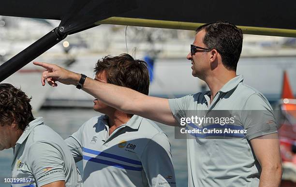 Prince Felipe of Spain is seen on board of the "CAM" during the 29th Copa del Rey Mapfre Audi Sailing Cup on August 2, 2010 in Palma de Mallorca,...