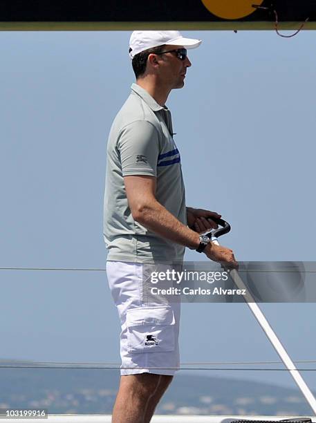 Prince Felipe of Spain is seen on board of the "CAM" during the 29th Copa del Rey Mapfre Audi Sailing Cup on August 2, 2010 in Palma de Mallorca,...