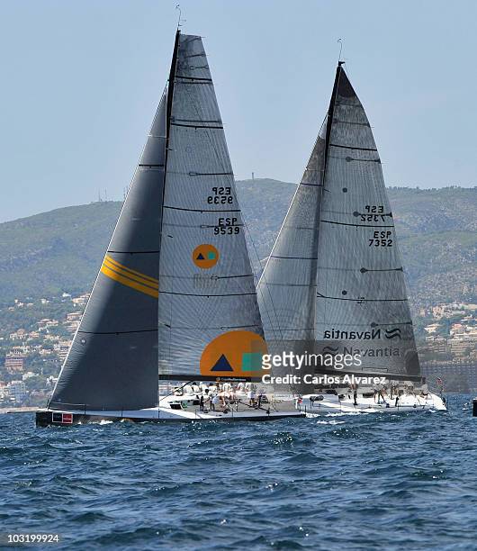 Yachts sail during the first day of racing in the Copa del Rey regatta off the coast of Palma de Mallorca on August 2, 2010 in Palma de Mallorca,...