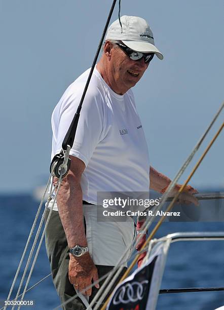 King Harald of Norway on board of the "Fram" during the 29th Copa del Rey Mapfre Audi Sailing Cup on August 2, 2010 in Palma de Mallorca, Spain.