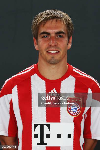 Philipp Lahm poses during the FC Bayern Muenchen team presentation at Bayern's training ground on August 2, 2010 in Munich, Germany.