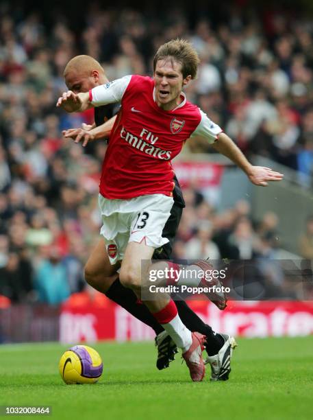 Wes Brown of Manchester United clashes with Alexander Hleb of Arsenal during the Barclays Premier League match between Arsenal and Manchester United...