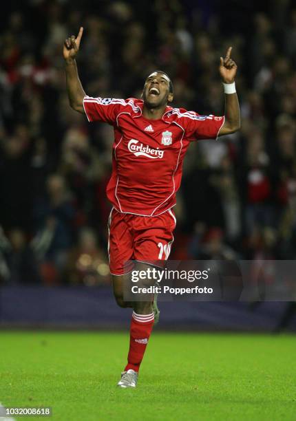 Ryan Babel of Liverpool celebrates after scoring a goal during the UEFA Champions League Group A match between Liverpool and Besiktas at Anfield on...