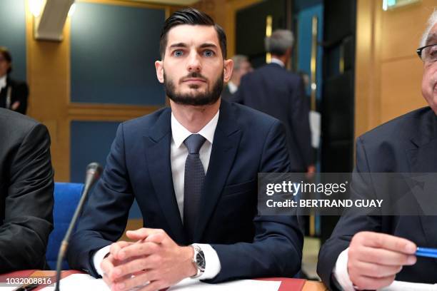 Commissaire Maxence Creusat appears on September 12, 2018 before the Senate Law Commission in Paris in the case of former top presidential security...