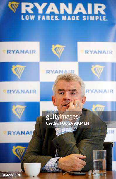 Ryanair CEO Michael O'Leary attends a press conference in London on September 12, 2018. - Ryanair will not "roll over" in the face of strikes by...