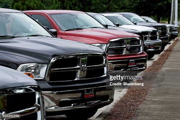Chrysler RAM pick-up trucks sit on display at Chris Leith Dodge dealership in Wake Forest, North Carolina, U.S., on Sunday, Aug. 1, 2010. U.S. Auto...