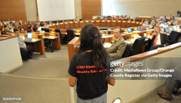 Dalia Hernandez, of Cal State Long Beach, address the California State University Board of Trustees during a discusion about fees at the CSU...