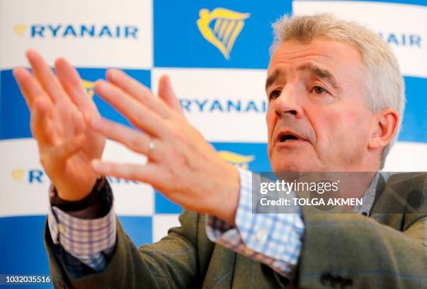 Ryanair CEO Michael O'Leary attends a press conference in London on September 12, 2018. - Ryanair will not "roll over" in the face of strikes by...